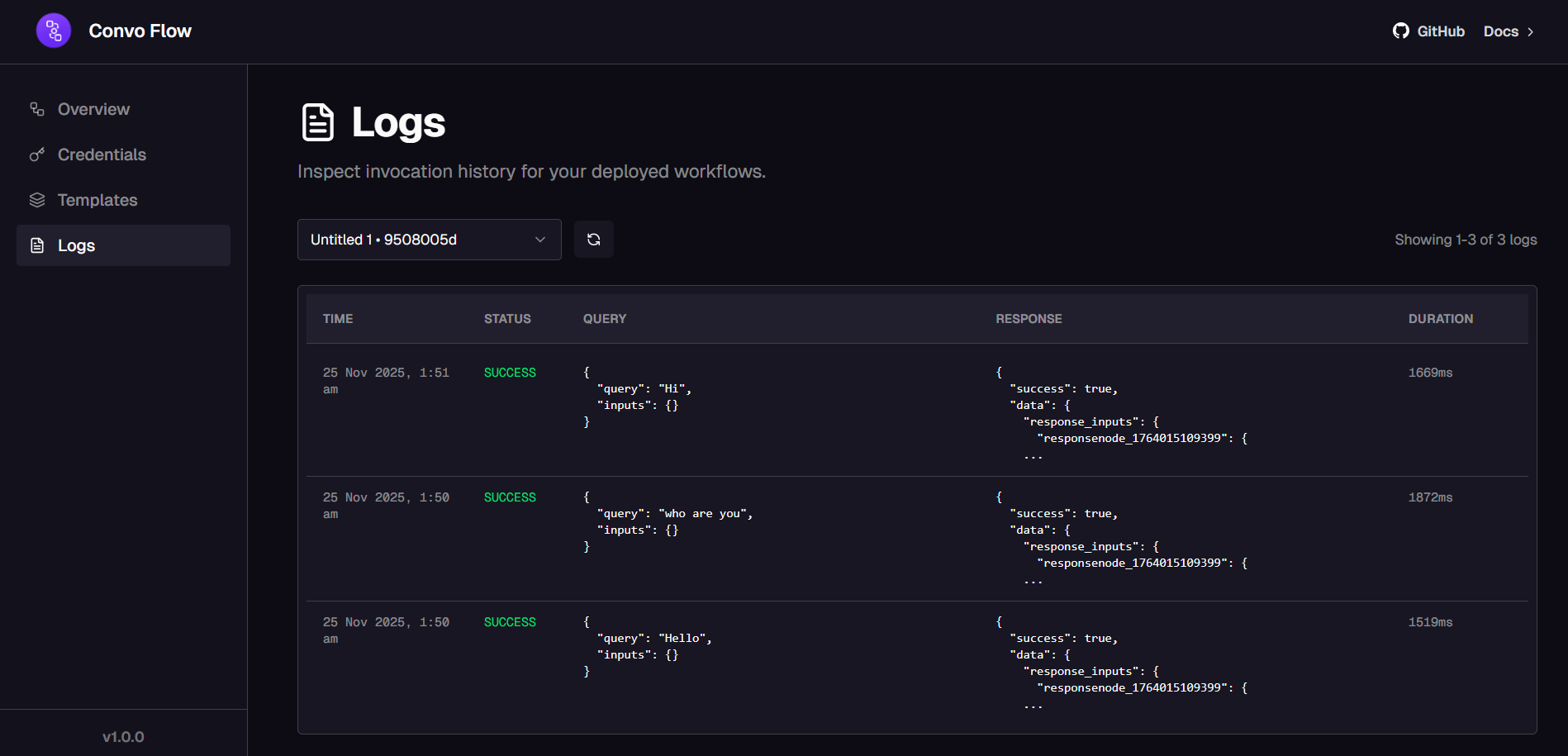 Detailed logs page showing workflow execution logs